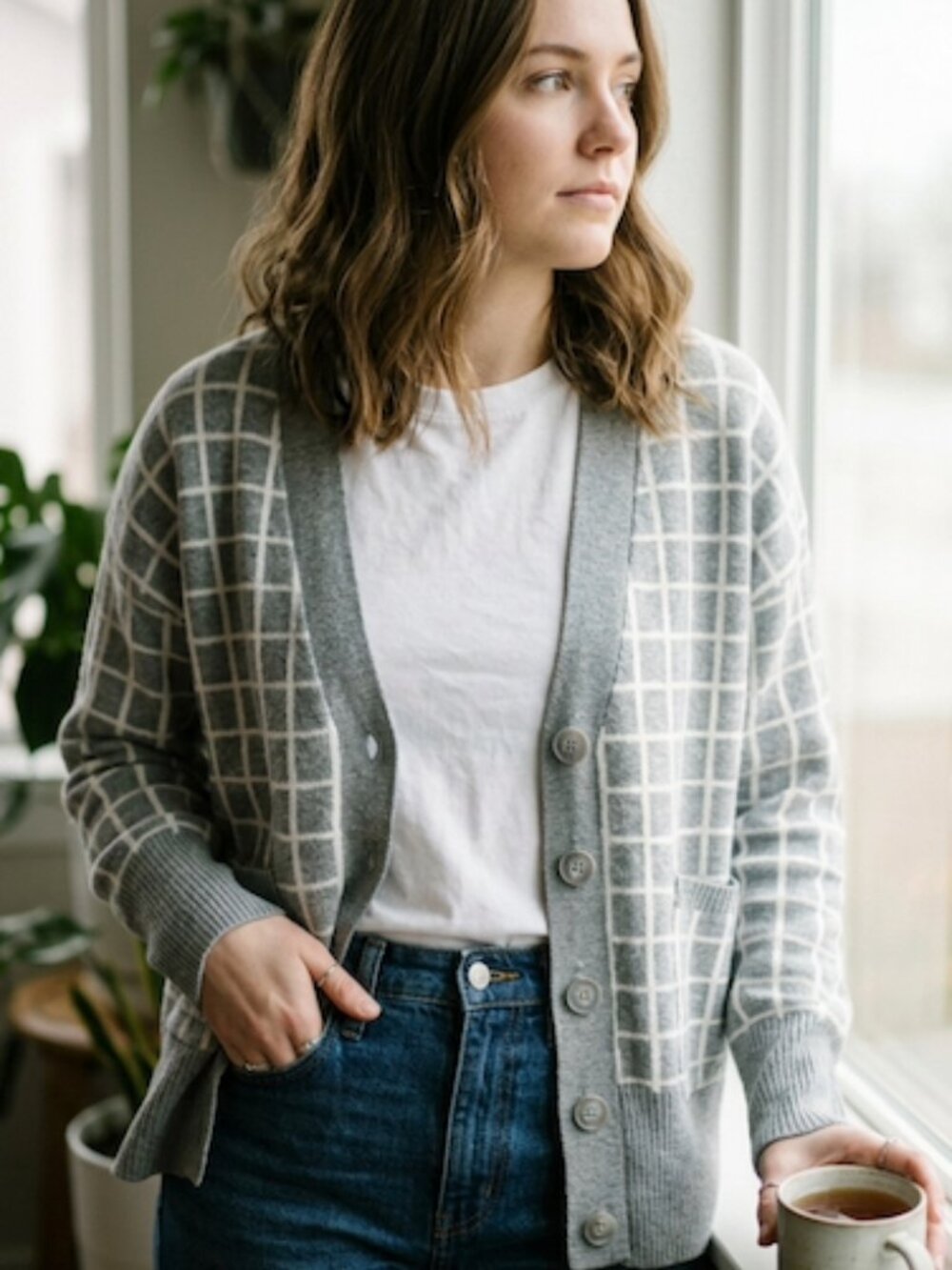 A New Day Grid Print Cardigan Sweater Windowpane Gray White Medium